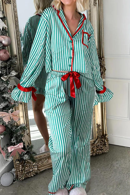 Green Stripe Contrast Velvet Trim Bow Knot Waist 2pcs Pajama Set - Snoopy's Closet