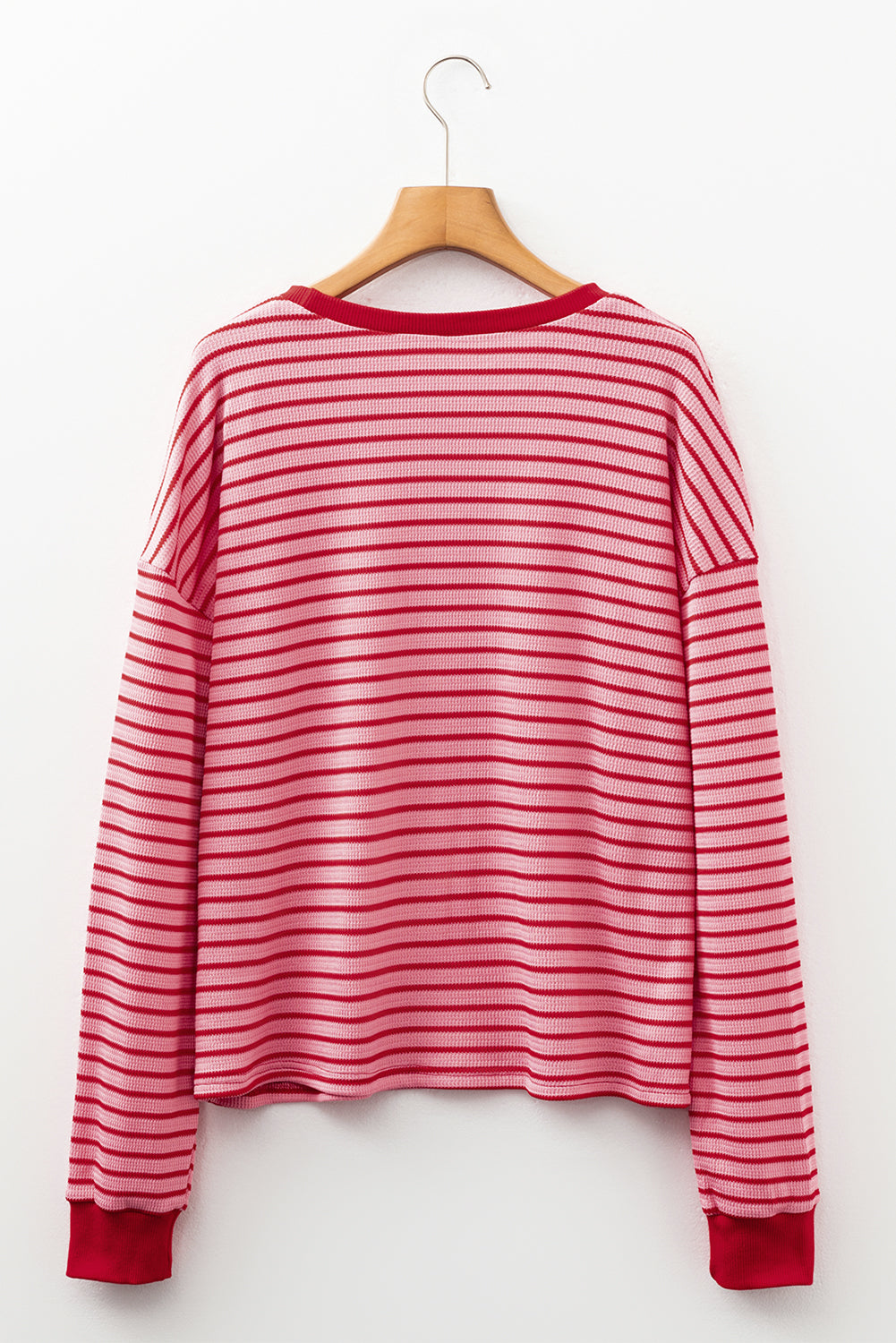 Pink Stripe Textured Round Neck Drop Shoulder Long Sleeve T Shirt - Snoopy's Closet
