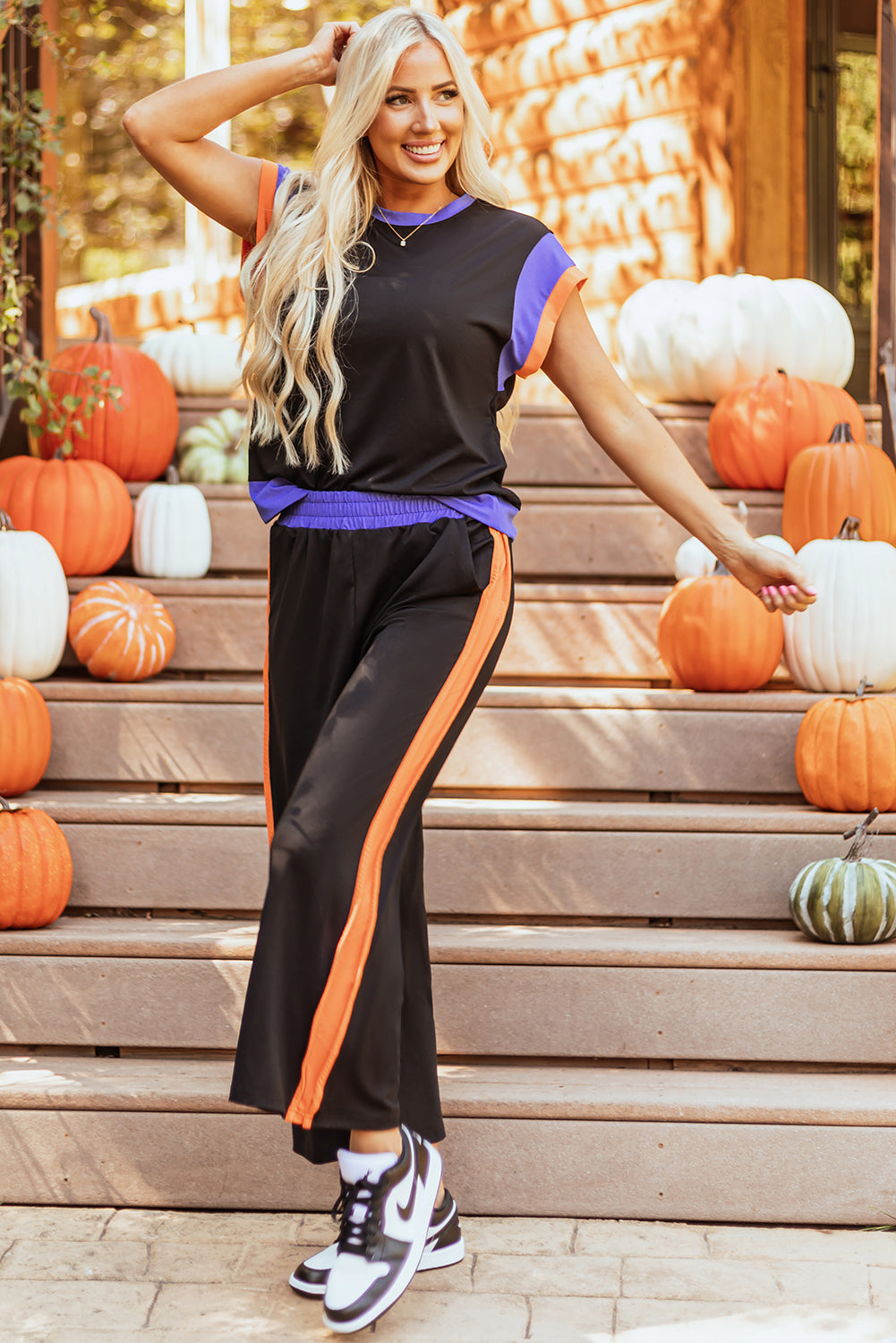 Black Color Block Detail Casual Two-piece Outfit - Snoopy's Closet