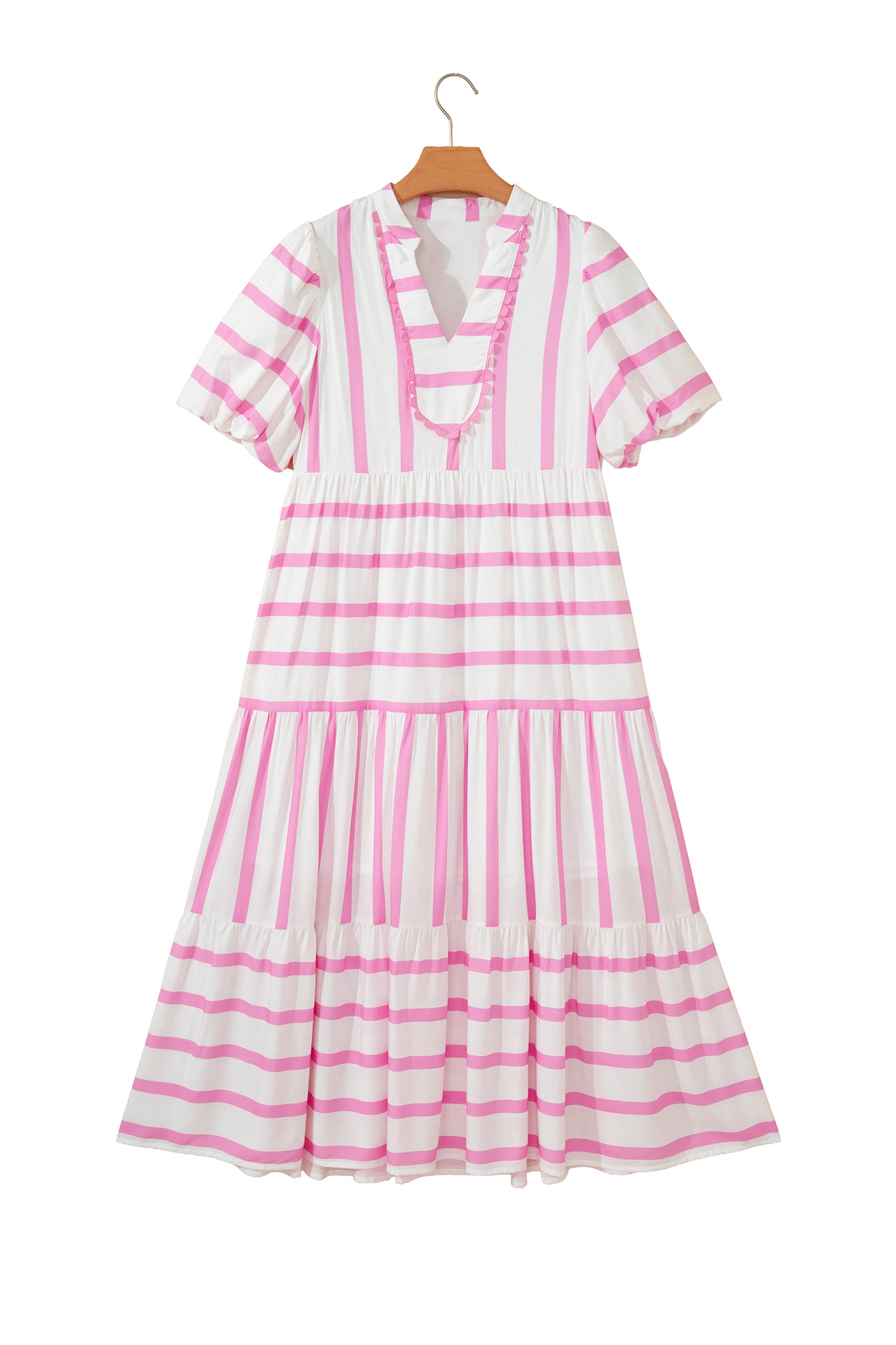 Pink Stripe Ricrac Trim Notched Neck Half Sleeve Vacation Dress - Snoopy's Closet