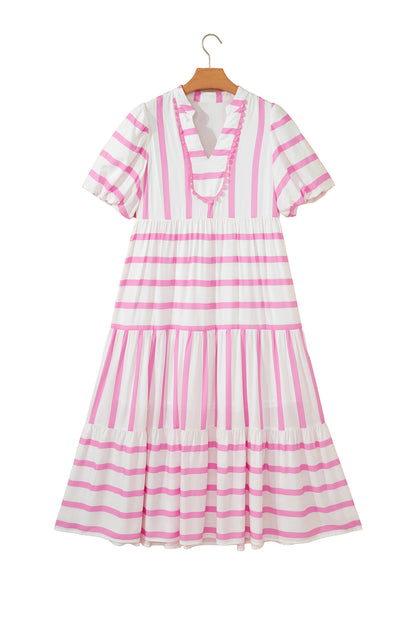 Pink Stripe Ricrac Trim Notched Neck Half Sleeve Vacation Dress - Snoopy's Closet