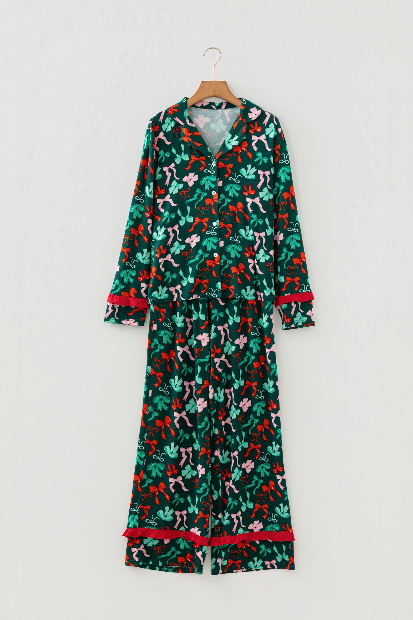 Green Festive Bow Print 2pcs Pajama Pant Set - Snoopy's Closet
