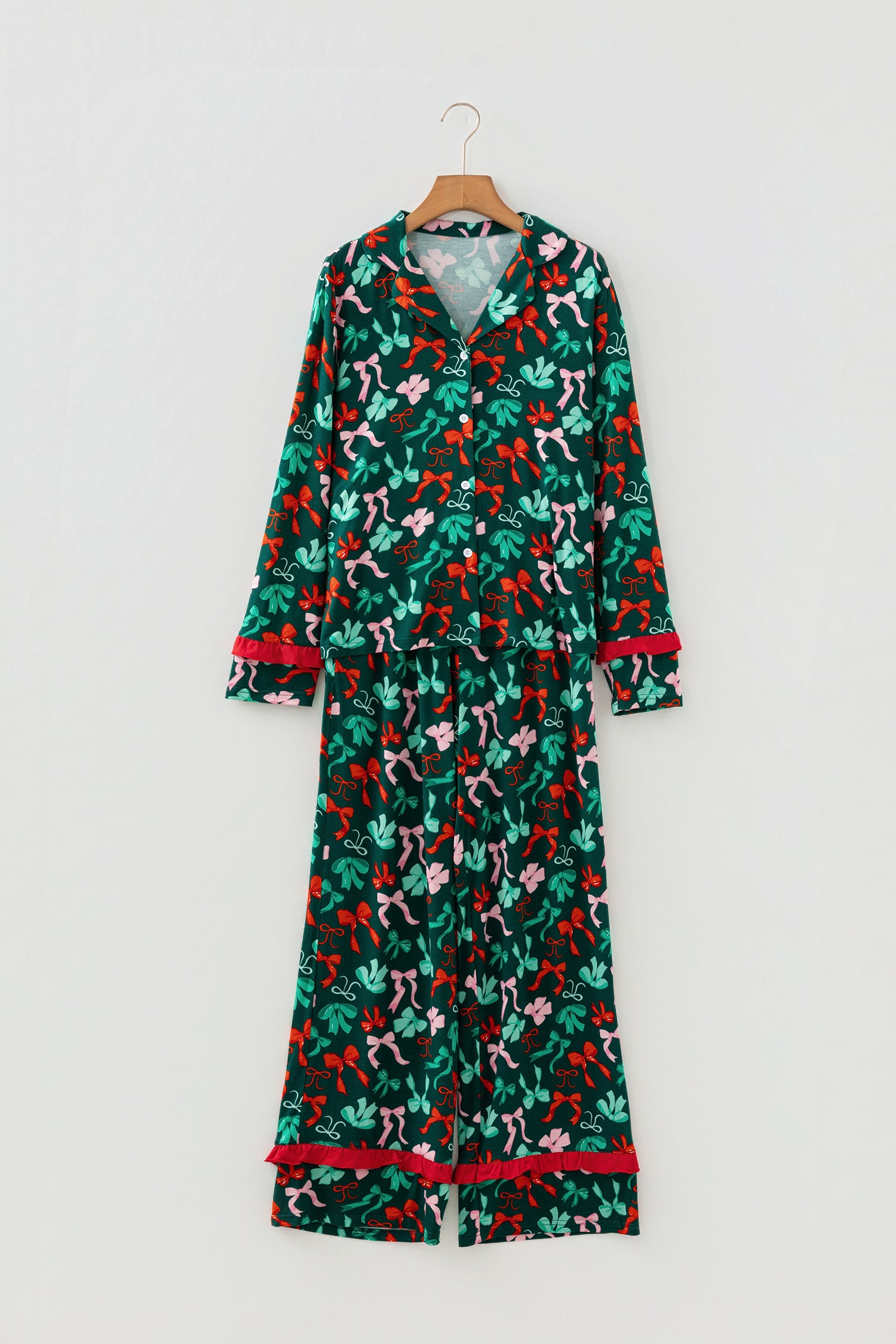 Green Festive Bow Print 2pcs Pajama Pant Set - Snoopy's Closet