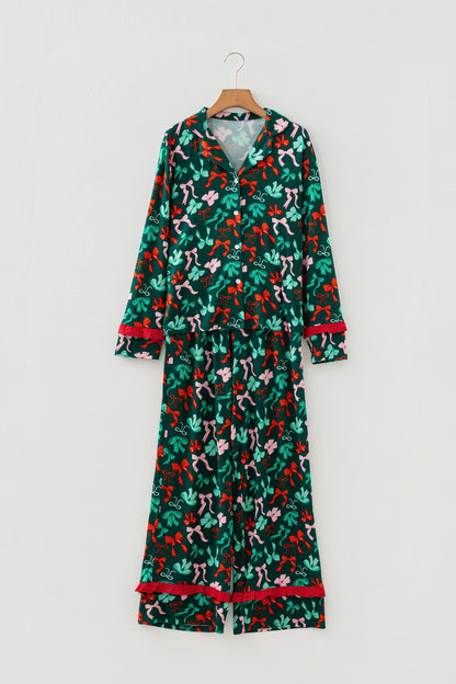 Green Festive Bow Print 2pcs Pajama Pant Set - Snoopy's Closet