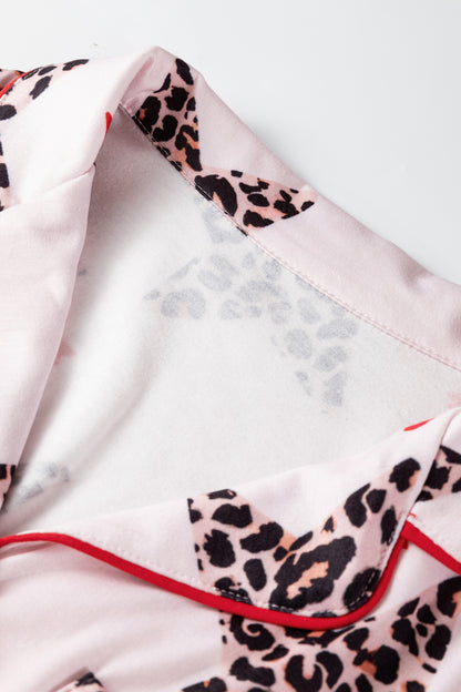 White Leopard Star Ribbon Bow Print Contrast Trim Short Pajama Set - Snoopy's Closet