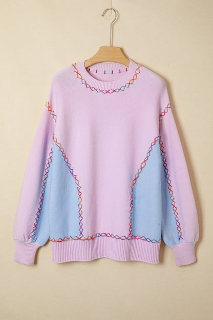 Orchid Bouquet Rainbow Stitching Balloon Sleeve Relaxed Sweater - Snoopy's Closet