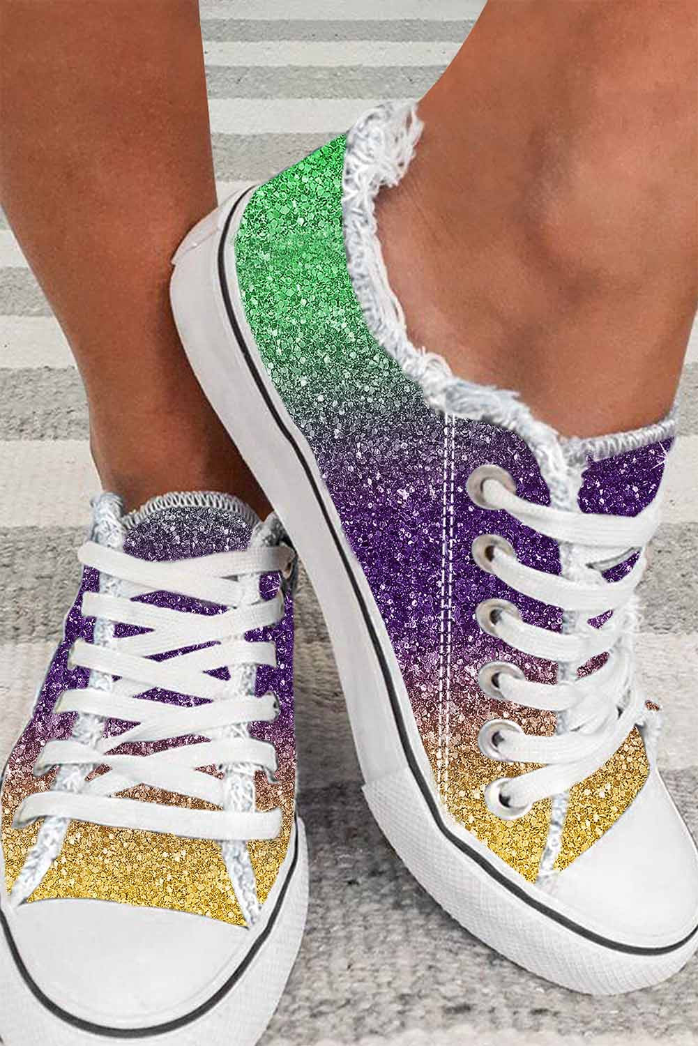 Multicolor Shiny Gradient Raw Hem Lace-up Flat Canvas Shoes - Snoopy's Closet