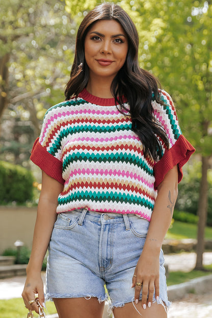 Fiery Red Trimmed Ruffle Sleeve Colorful Textured Sweater - Snoopy's Closet