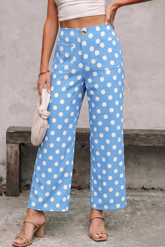 Pantalones de pernera recta de tiro medio con bolsillos de parche y estampado de lunares azul cielo
