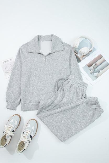 Light Grey Zip Collar Long Sleeve Top Drawstring Pants Set - Snoopy's Closet