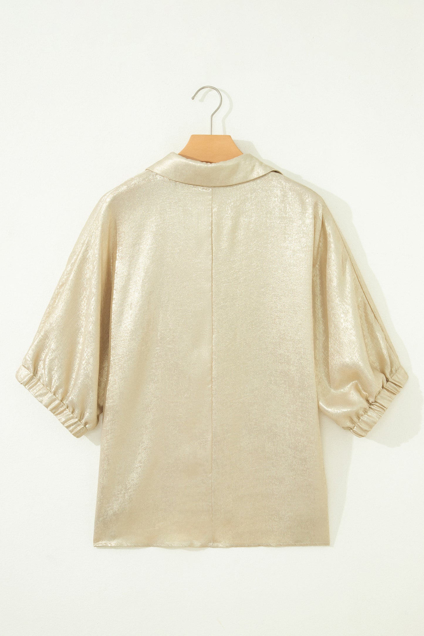 Beige Collared V Neck Half Sleeve Metallic Top