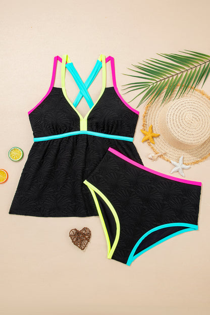 Black Floral Textured Neon Trim V Neck Crisscross Backless Tankini Set - Snoopy's Closet
