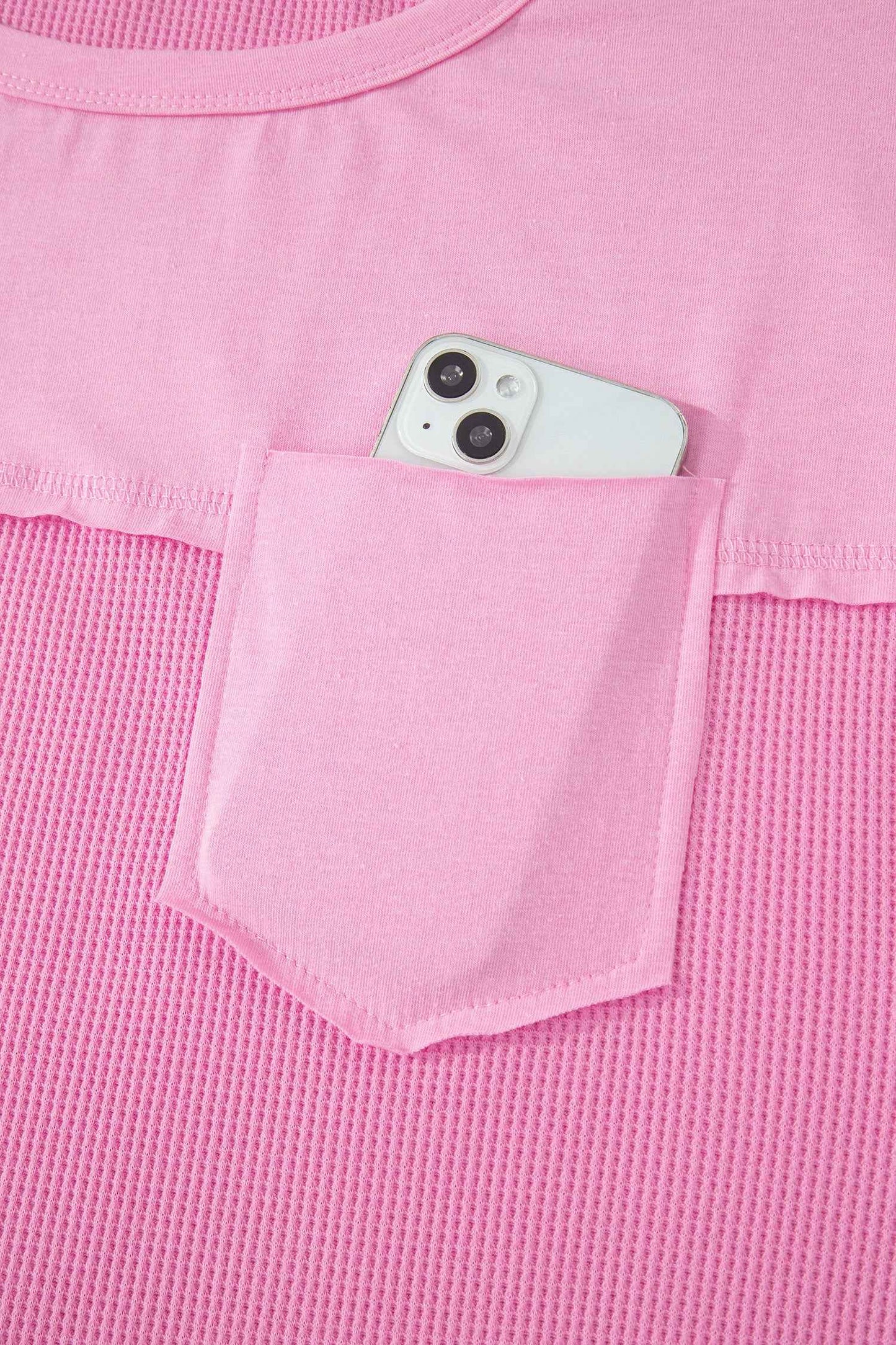 Pink Solid Color Raw Seam Waffled Patchwork Casual T Shirt