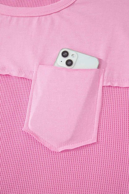 Pink Solid Color Raw Seam Waffled Patchwork Casual T Shirt