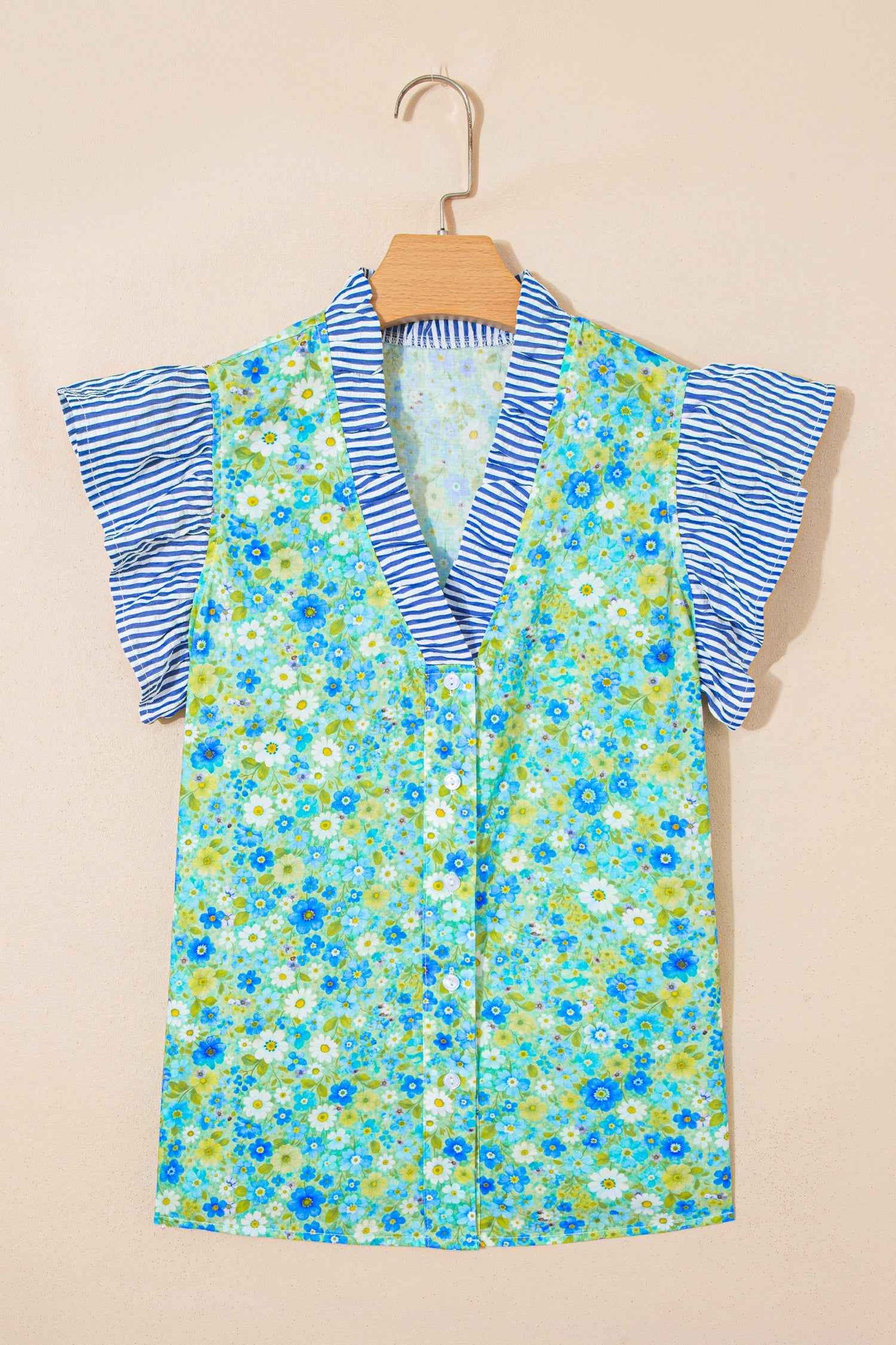 Green Floral Painting Print Striped Patchwork Flutter Sleeve V Neck Blouse