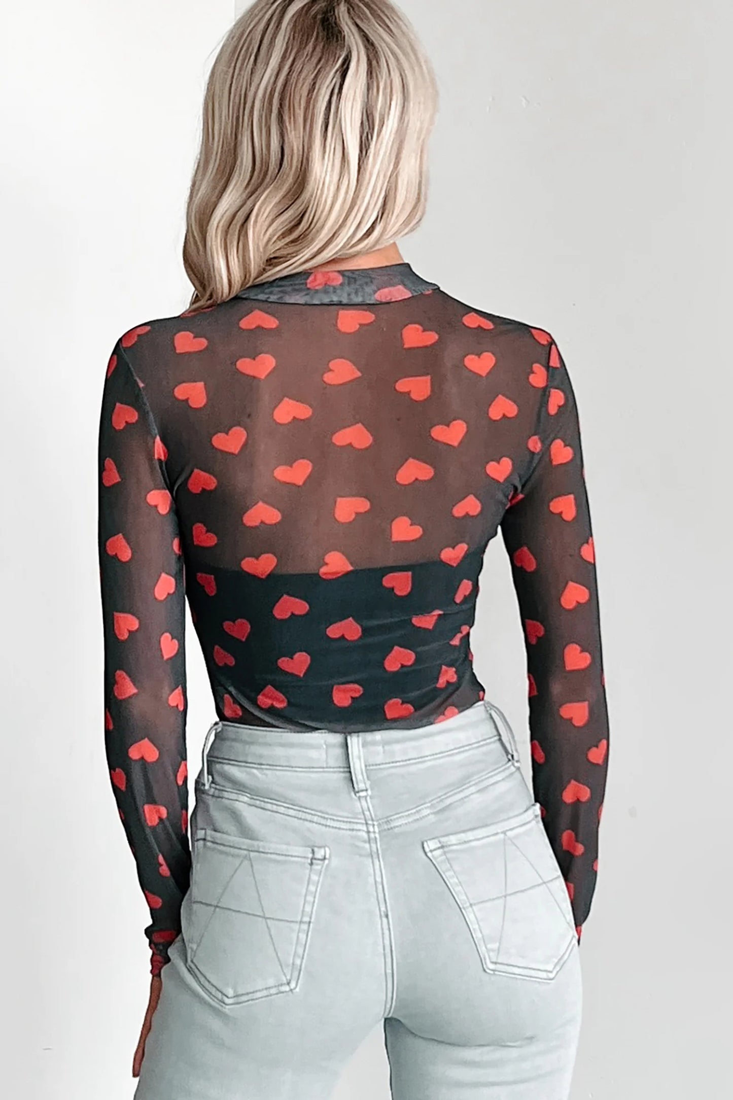 Black Valentines Heart Printed Sheer Mesh Long Sleeve Top - Snoopy's Closet