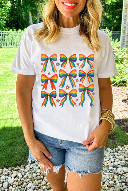 Camiseta de mezcla de algodón con estampado de estrellas y lazo, orgullo blanco