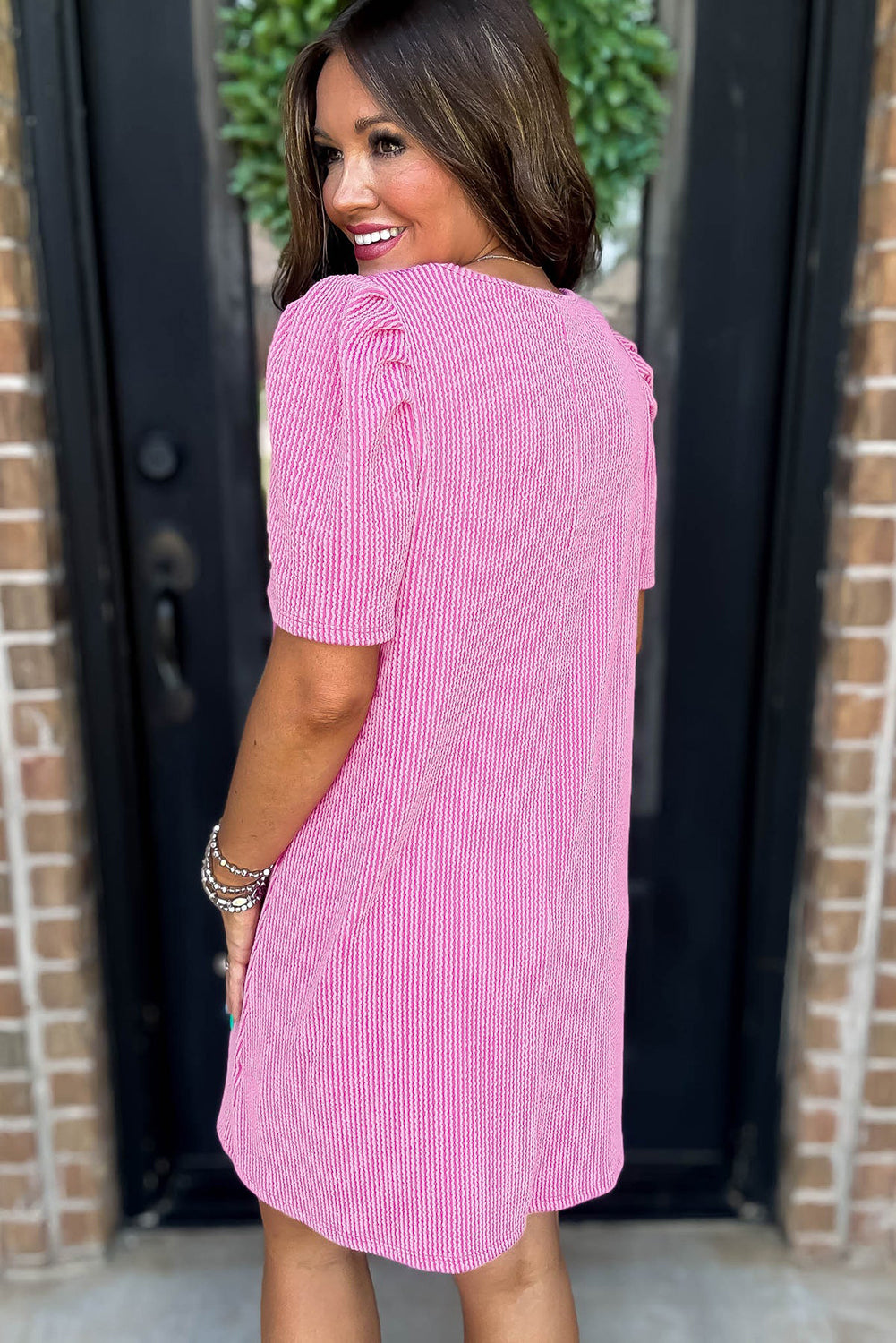 Bright Pink Corded Knit Crew Neck Puff Sleeve Shift Mini Dress - Snoopy's Closet