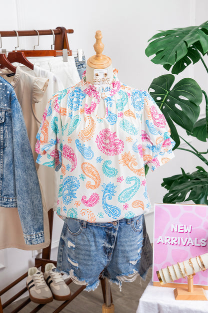 Multicolour Vibrant Paisley Printed Button Keyhole Puff Sleeve Blouse