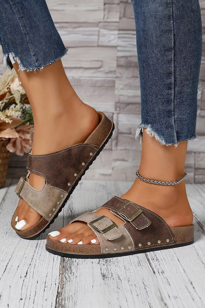 Coffee Leopard Two-tone Retro Buckle Straps Hollowed Faux Suede Slippers - Snoopy's Closet