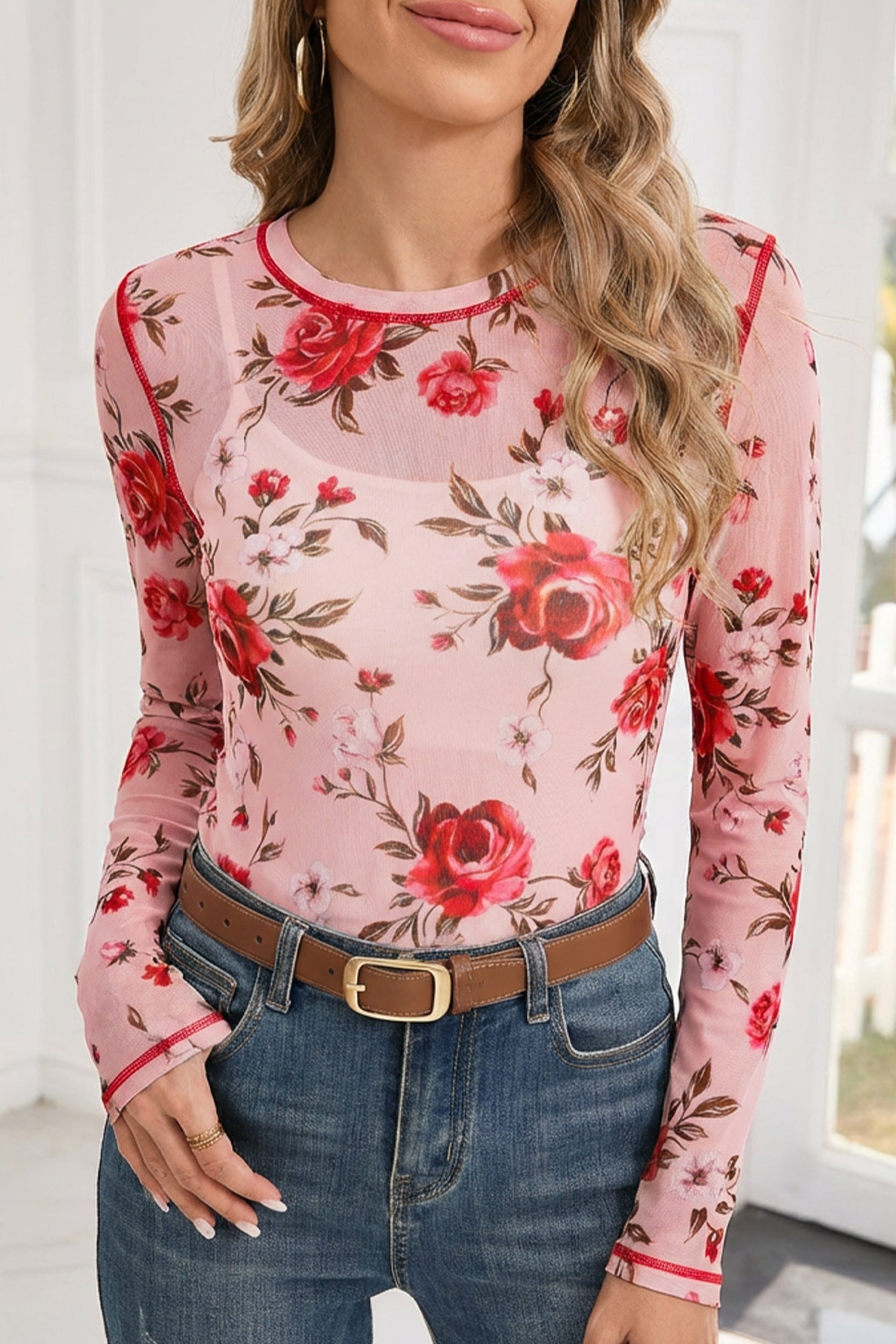 Pink Floral Print Exposed Seam Detail Mesh Long Sleeve Top - Snoopy's Closet