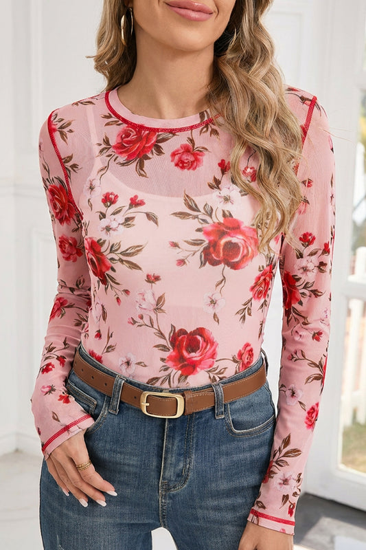 Pink Floral Print Exposed Seam Detail Mesh Long Sleeve Top - Snoopy's Closet