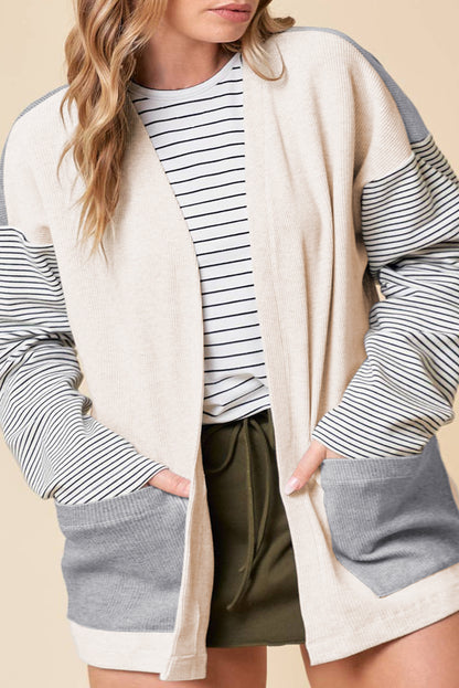 Black Stripe Colorblock Patchwork Open Front Cardigan with Pocket - Snoopy's Closet