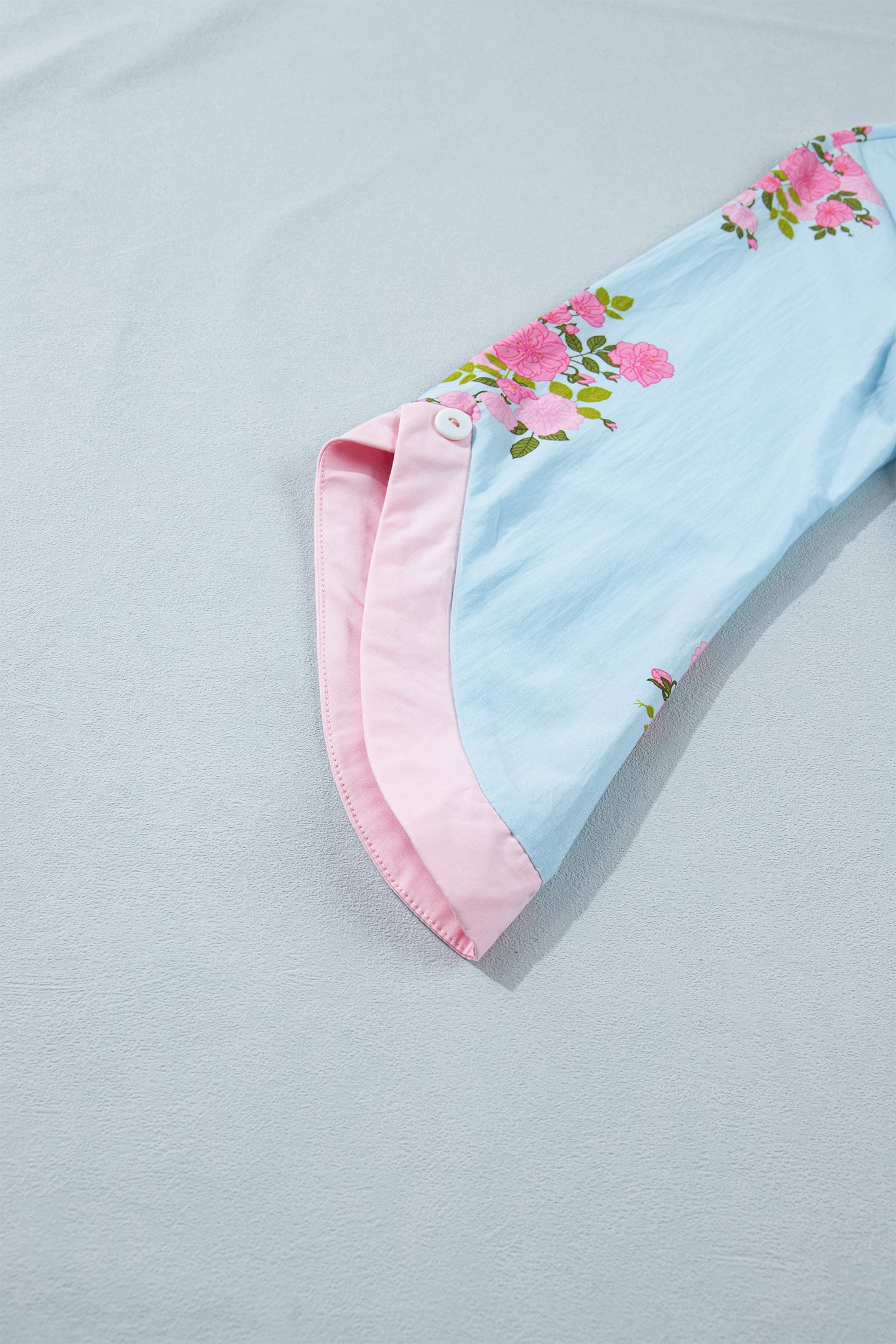 Sky Blue Floral Print Button Cuffed 3/4 Sleeve Round Neck Blouse - Snoopy's Closet