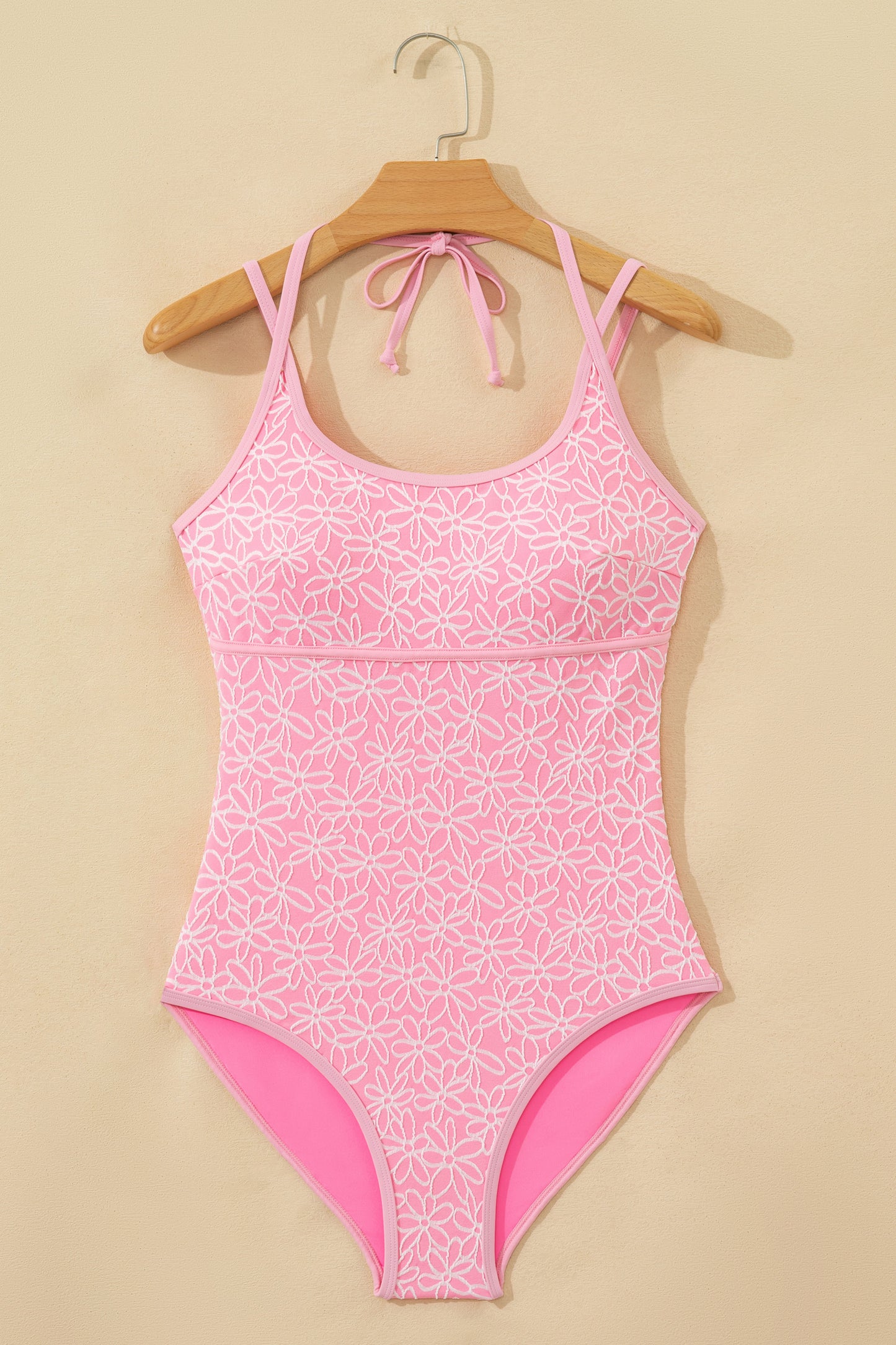 Pink Corded Flower Texture Spaghetti Straps Halterneck One Piece Swimsuit - Snoopy's Closet