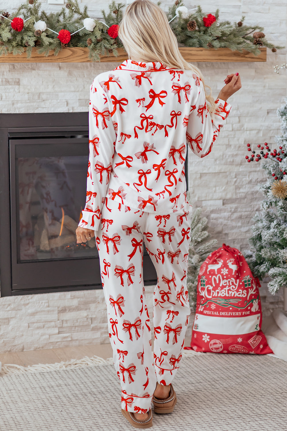 Red Christmas Bow Print Long 2pcs Pajama Set - Snoopy's Closet