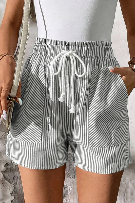 Pantalones cortos casuales con cordones, cintura elástica y bolsillos, a rayas grises