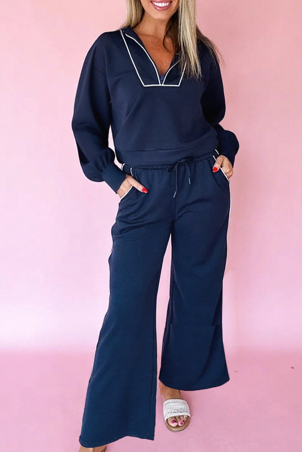 Navy Blue Contrast Piping Zipped Pullover Cropped Pants Set - Snoopy's Closet