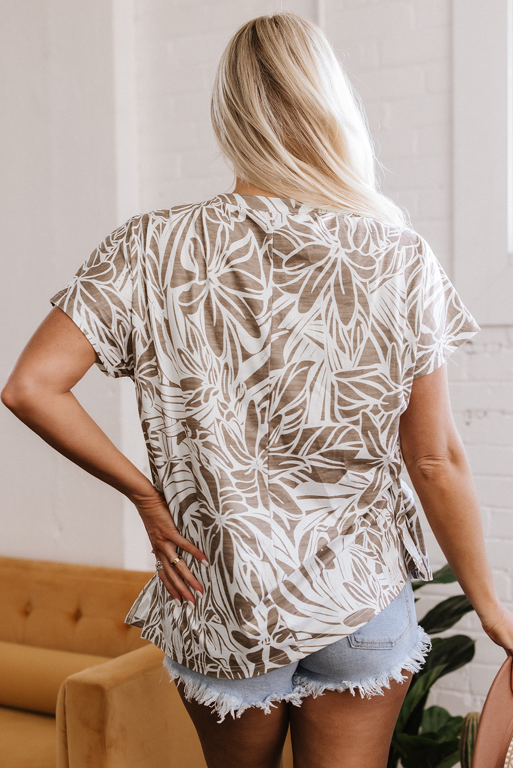Khaki Floral Print V Neck Short Sleeve Loose Fit Blouse - Snoopy's Closet