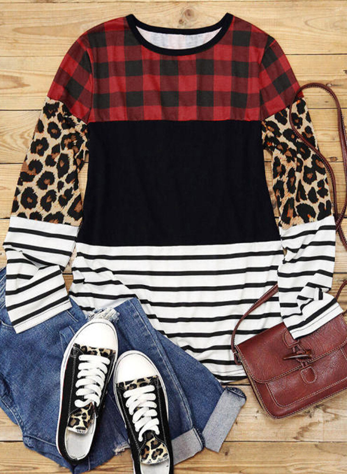 Plaid Print Leopard Splicing Striped Color Block Long Sleeve Top - Snoopy's Closet