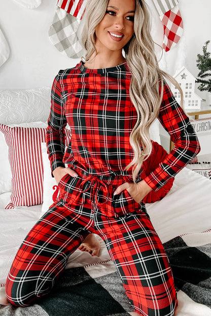 Red Festive Plaid Print Round Neck Long Sleeve and Pants 2 Piece Lounge Set - Snoopy's Closet