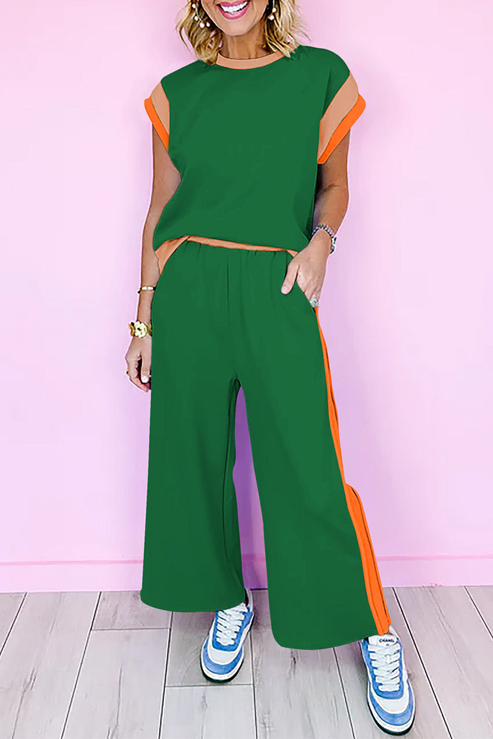 Dark Green Color Block Detail Casual Two-piece Set - Snoopy's Closet
