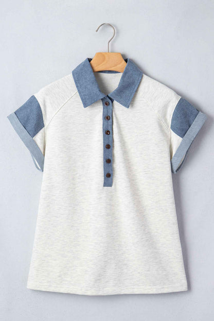 Carbon Grey Denim Color Block Patchwork Shirt Collar Short Sleeve Blouse