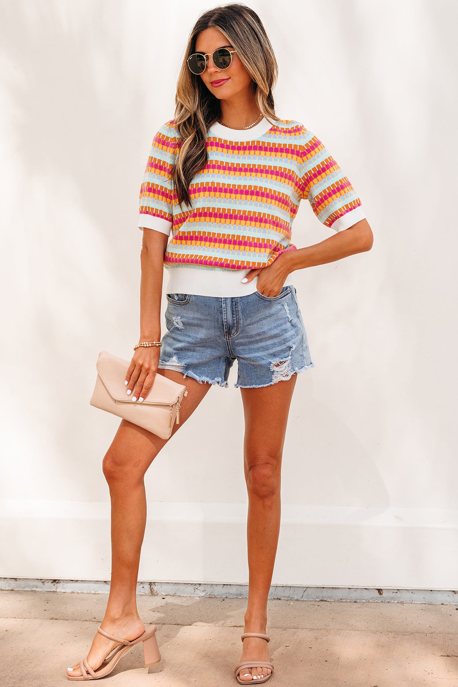 Orange Abstract Striped Knit Short Sleeve Sweater - Snoopy's Closet