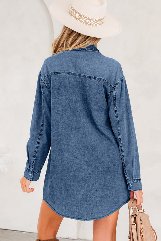 Blue Beau Chest Pocket Raw Hem Denim Loose Shirt Dress - Snoopy's Closet