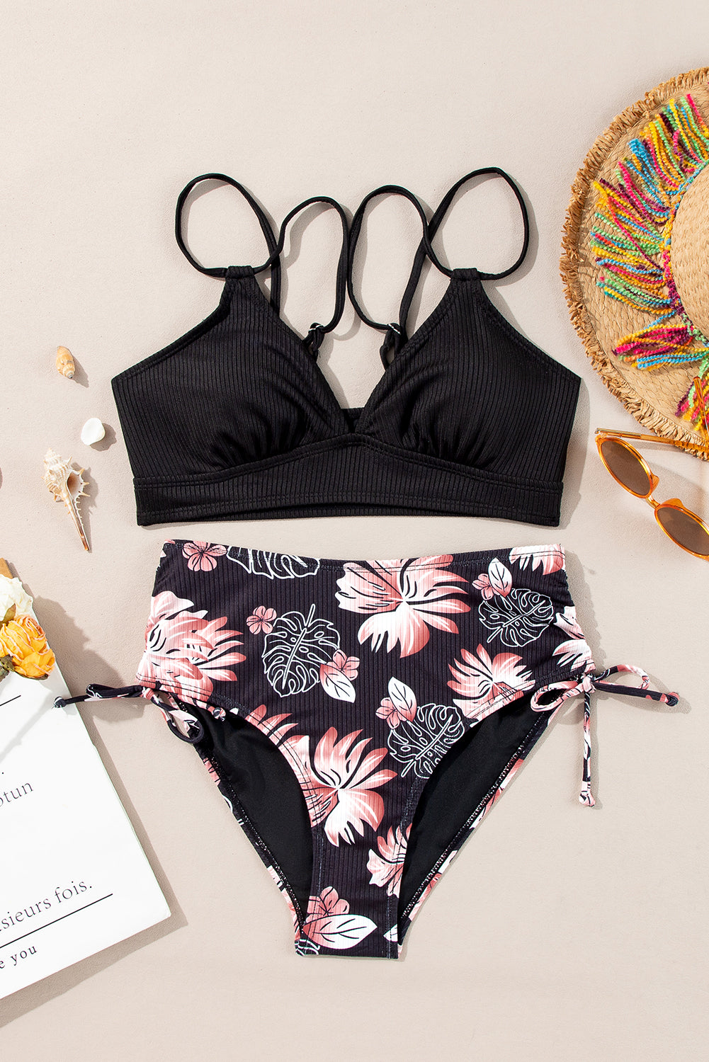Black Ribbed Knit High Waist 2pcs Bikini Swimsuit - Snoopy's Closet