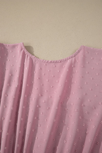 Vestido Midi Fluido Rosa Talla Grande con Manga Corta, Puntos Suizos y Cintura Fruncida