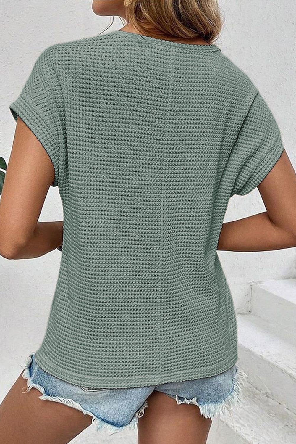 Mist Green Lace Patchwork Waffle Short Sleeve Top - Snoopy's Closet