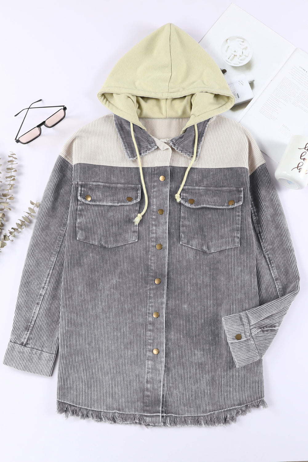 Gray Color Block Button Down Hooded Corduroy Jacket - Snoopy's Closet