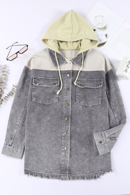 Gray Color Block Button Down Hooded Corduroy Jacket - Snoopy's Closet
