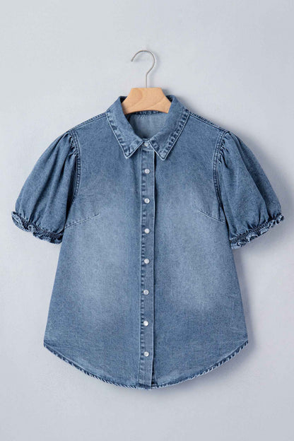 Beau Blue Frilled Short Sleeve Snap Button Denim Shirt