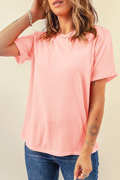 Pink Casual Plain Crew Neck Tee - Snoopy's Closet