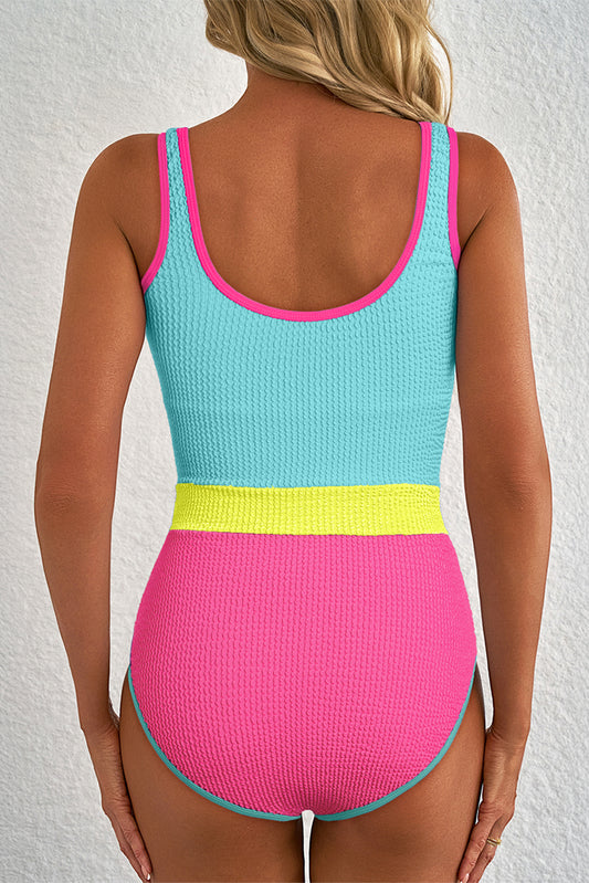Iceland Blue Textured Color Block Patchwork One Piece Swimsuit - Snoopy's Closet