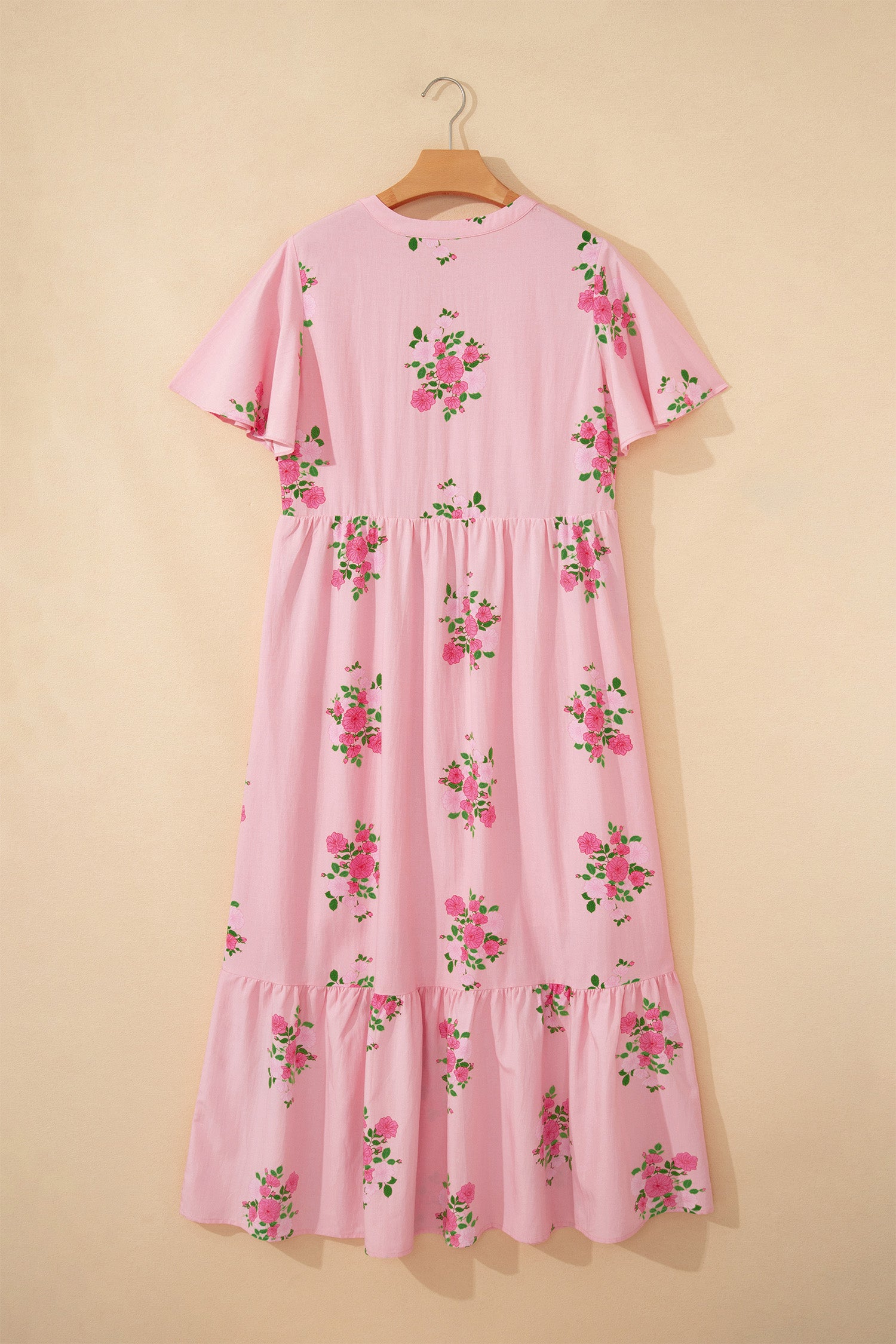 Pink Notched Neck Flutter Short Sleeve Floral Print Maxi Dress - Snoopy's Closet