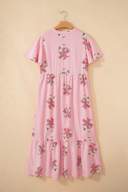 Pink Notched Neck Flutter Short Sleeve Floral Print Maxi Dress - Snoopy's Closet