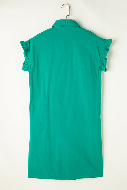Vestido corto abotonado con manga con volantes fruncidos verde brillante